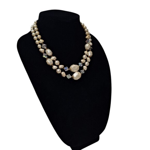 VTG‎ Necklace 18 Inch Plastic Bead Faux Pearl Crystal Style Double Strand Twist - Picture 7 of 7